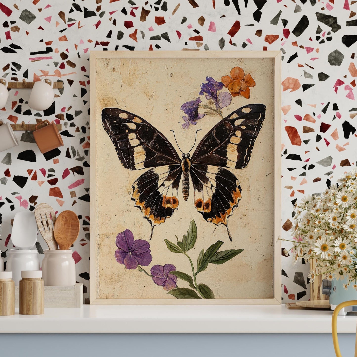Boho Butterfly Wall Art – Vintage Botanical Insect Print with Flowers, Rustic Nature Poster for Cottagecore, Gallery or Natural Decor