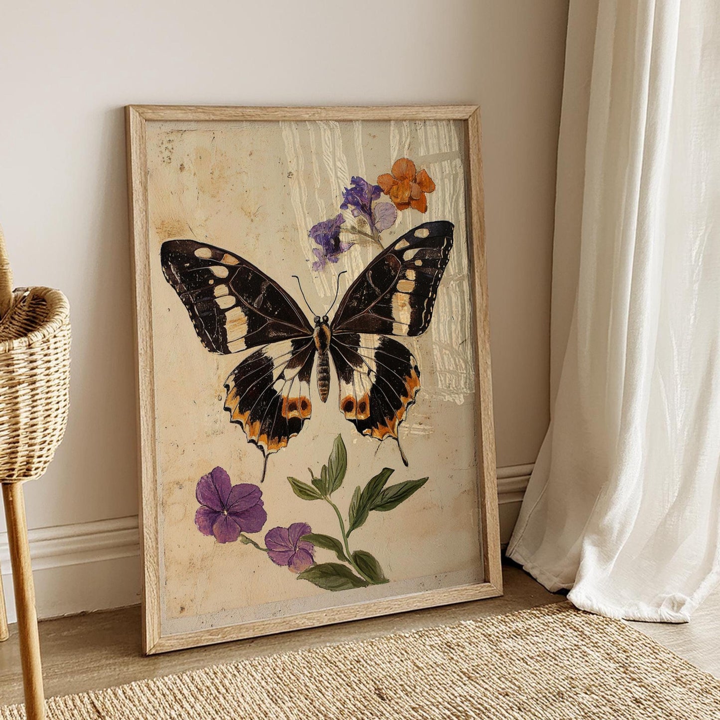 Boho Butterfly Wall Art – Vintage Botanical Insect Print with Flowers, Rustic Nature Poster for Cottagecore, Gallery or Natural Decor