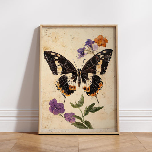 Boho Butterfly Wall Art – Vintage Botanical Insect Print with Flowers, Rustic Nature Poster for Cottagecore, Gallery or Natural Decor