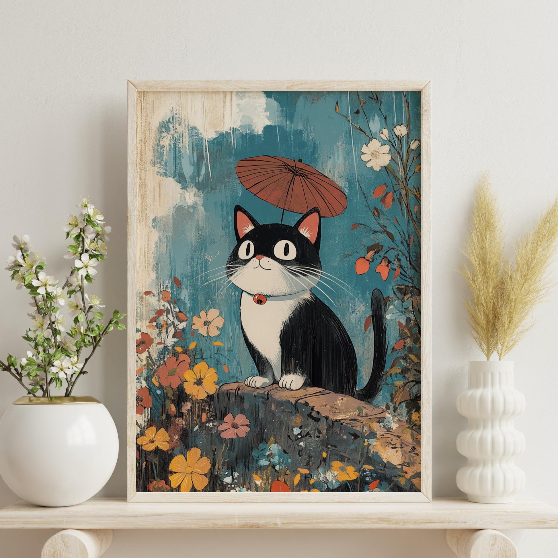 Whimsical Black Cat Poster – Studio Ghibli-Inspired Art Print with Umbrella and Flowers, Cute Kawaii Decor for Cat Lovers and Kids Room