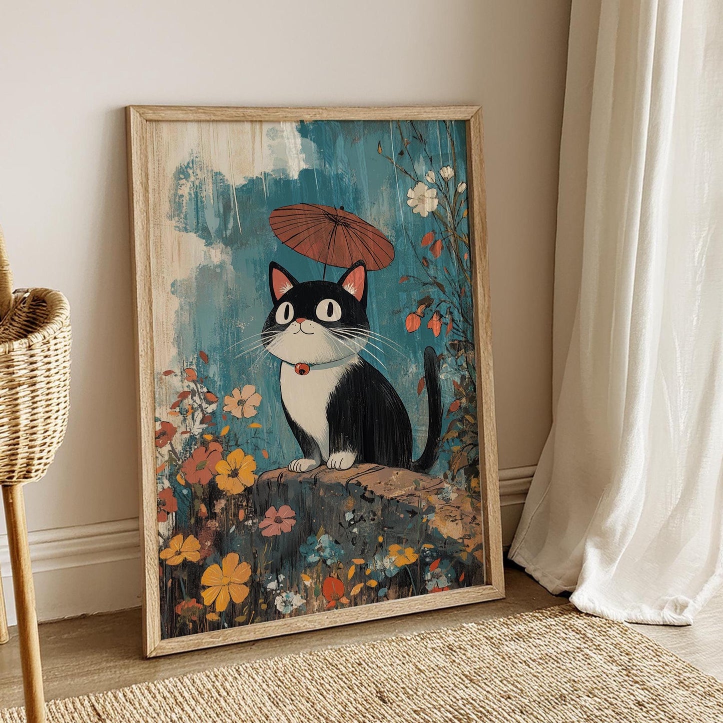 Whimsical Black Cat Poster – Studio Ghibli-Inspired Art Print with Umbrella and Flowers, Cute Kawaii Decor for Cat Lovers and Kids Room