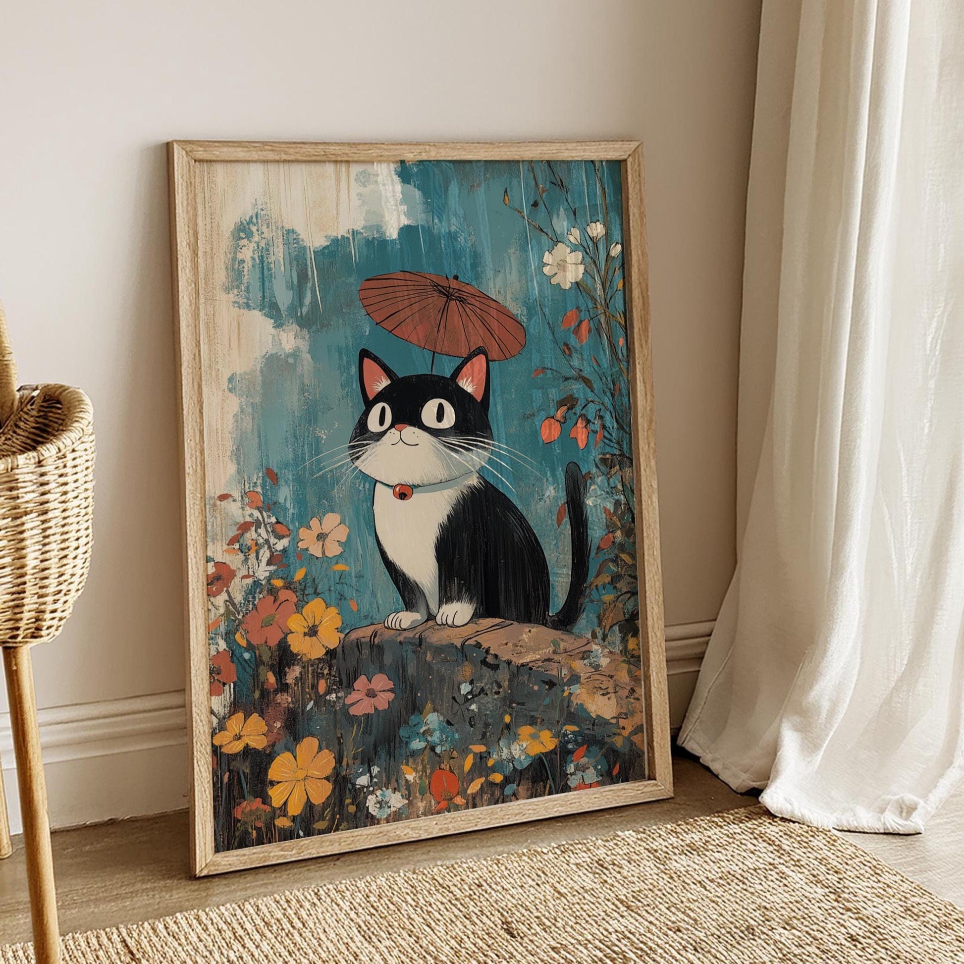 Whimsical Black Cat Poster – Studio Ghibli-Inspired Art Print with Umbrella and Flowers, Cute Kawaii Decor for Cat Lovers and Kids Room
