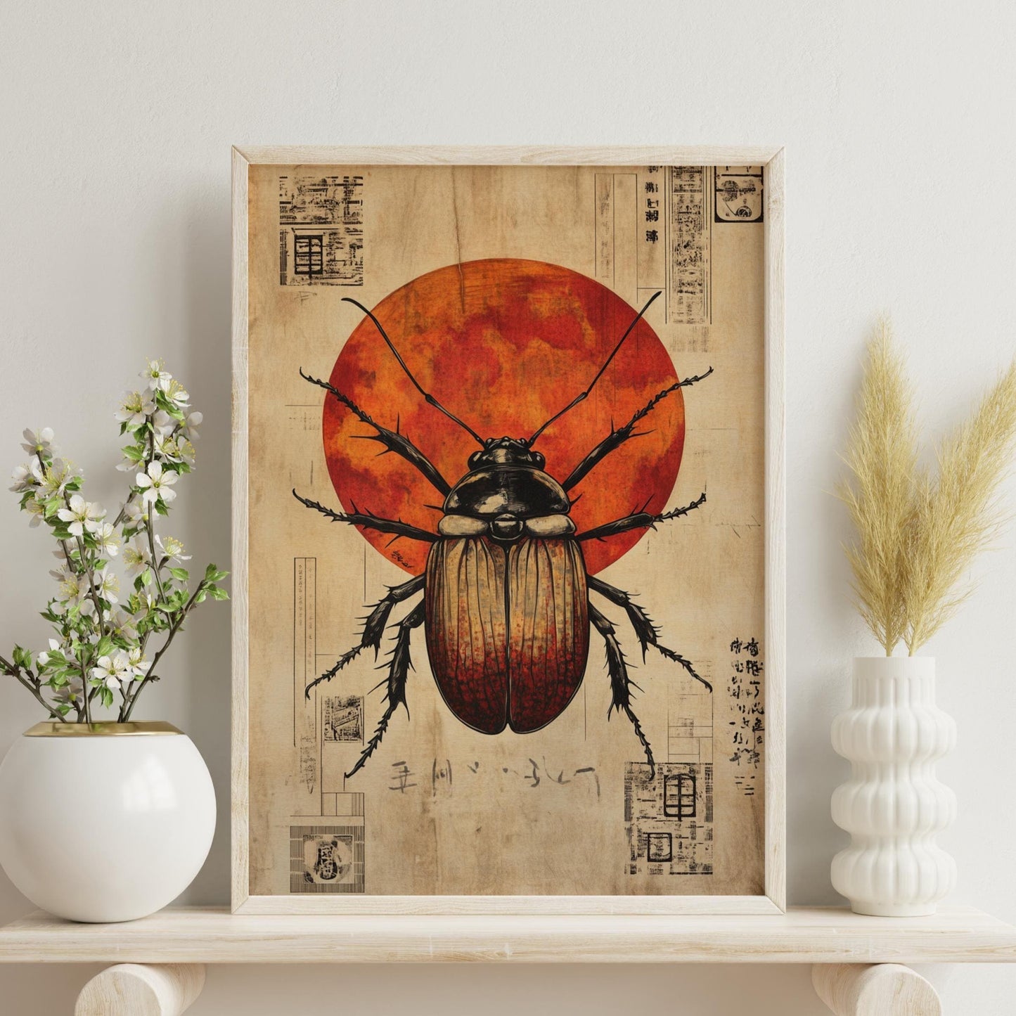 Artistic Beetle Matte Poster for Unique Home Decor, Japanese Aesthetic Wall Art, Insect Illustration, Nature-Inspired Art, Home Decor