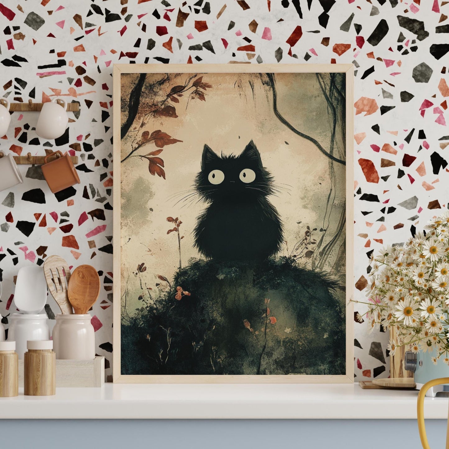 Whimsical Spooky Cat Poster Art, Matte Vertical Posters for Cat Lovers, Home Décor, Gift for Kids, Animal Wall Art, Nursery Decoration