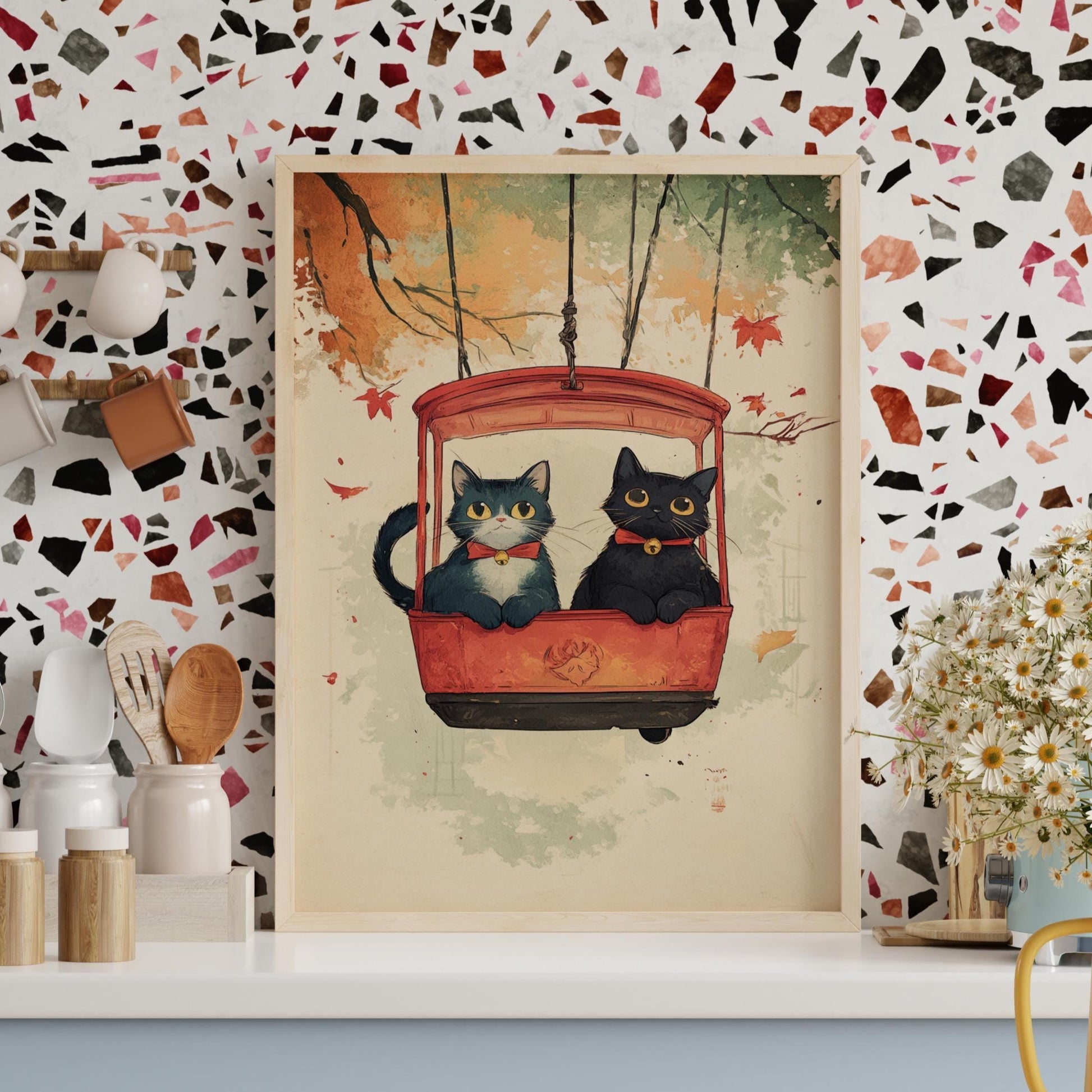 Charming Cat Swing Wall Art Poster, Cozy Home Decor, Perfect Gift for Cat Lovers, Cute Animal Vintage Print, Autumn Vibes, Whimsical Decor