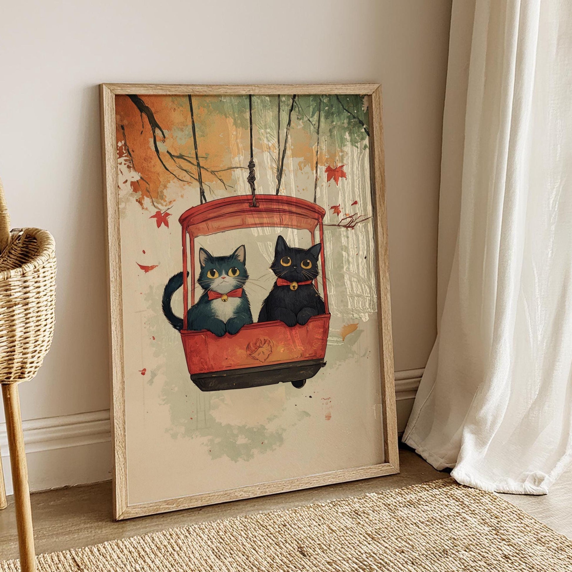 Charming Cat Swing Wall Art Poster, Cozy Home Decor, Perfect Gift for Cat Lovers, Cute Animal Vintage Print, Autumn Vibes, Whimsical Decor