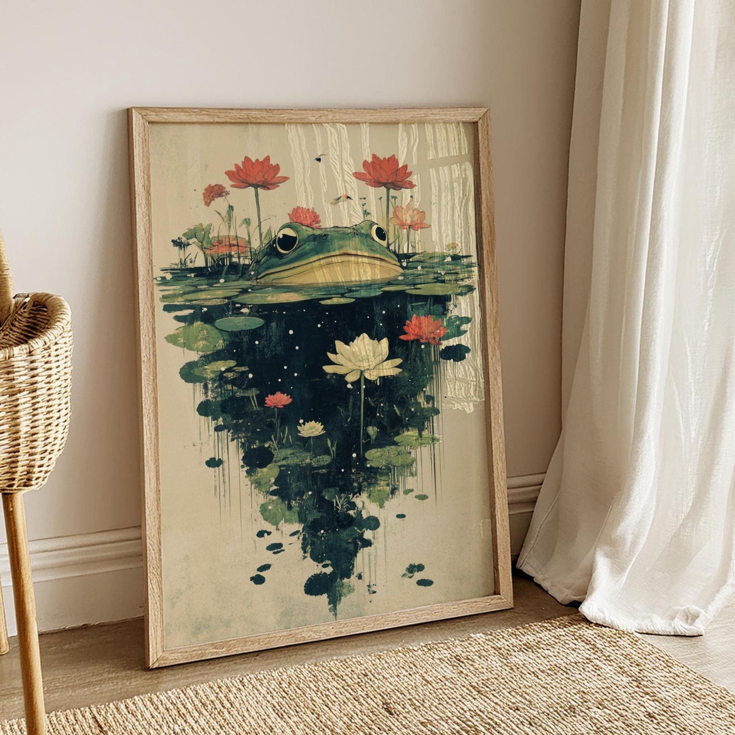 Whimsical Frog and Lotus Matte Poster, Botanical Wall Art, Nature Decor, Gift for Frog Lovers, Home or Office Wall Art, Cozy Aesthetic