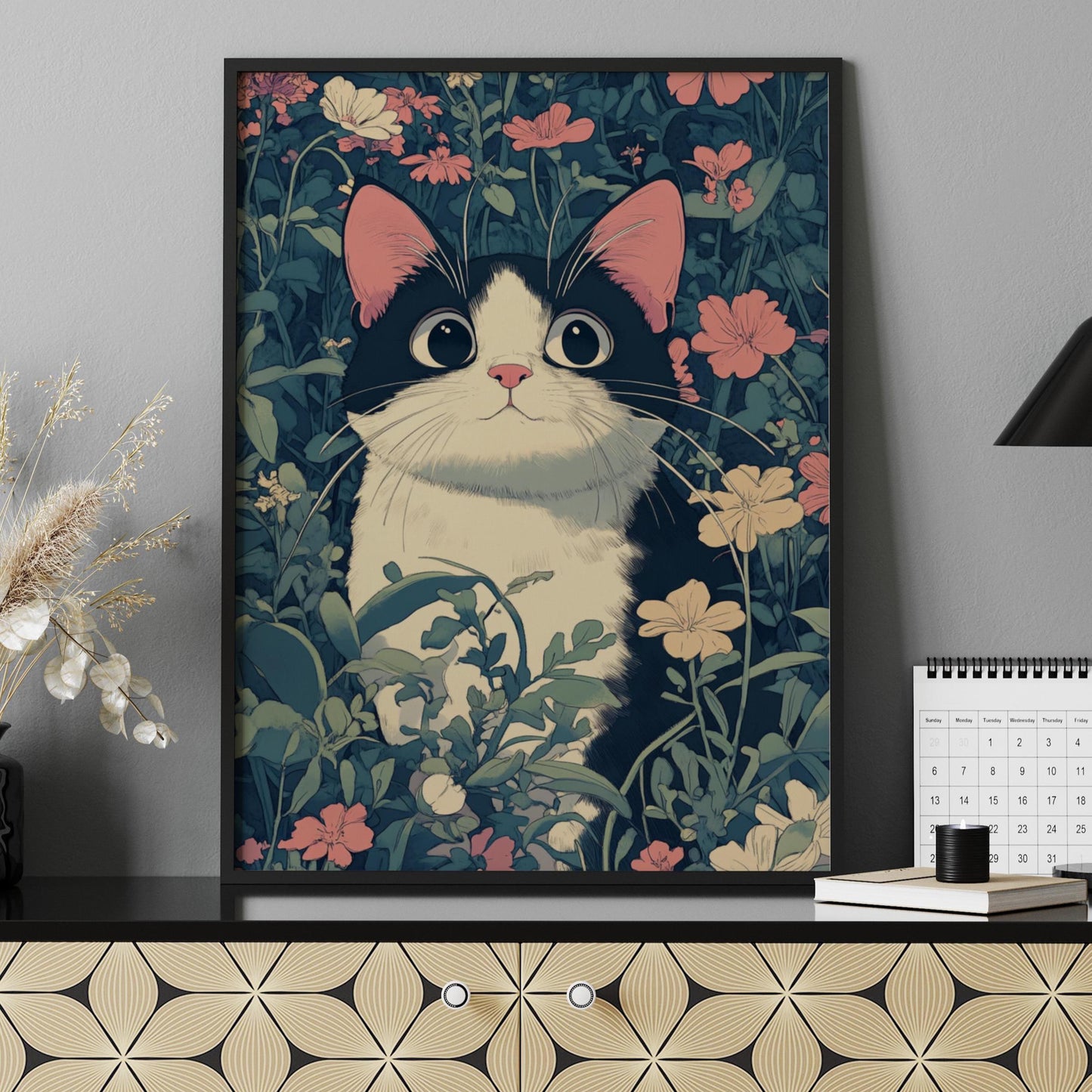 Whimsical Cat Nature Poster, Cute Cat Art Print, Floral Wall Decor, Cat Lover Gift, Home Decor