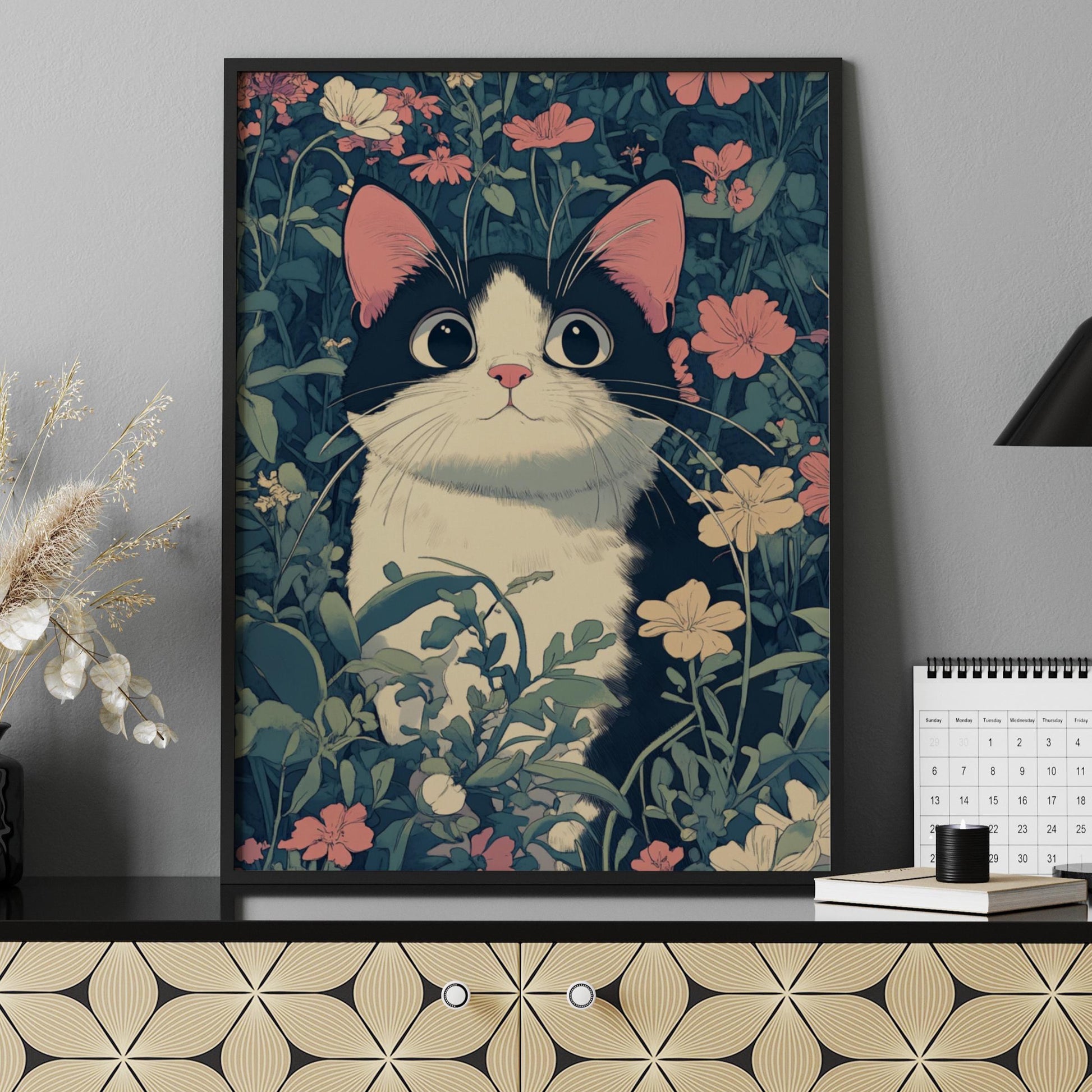 Whimsical Cat Nature Poster, Cute Cat Art Print, Floral Wall Decor, Cat Lover Gift, Home Decor