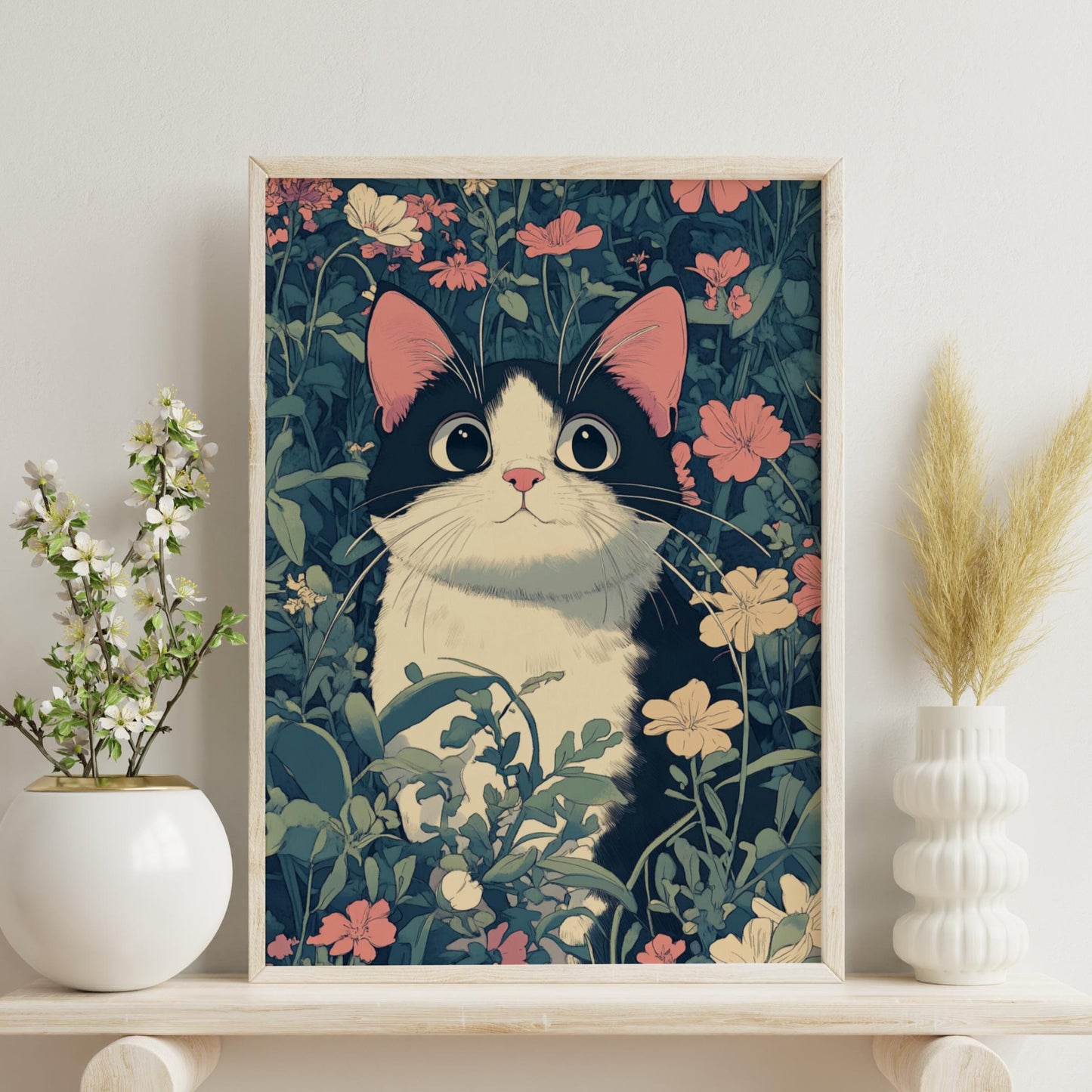 Whimsical Cat Nature Poster, Cute Cat Art Print, Floral Wall Decor, Cat Lover Gift, Home Decor