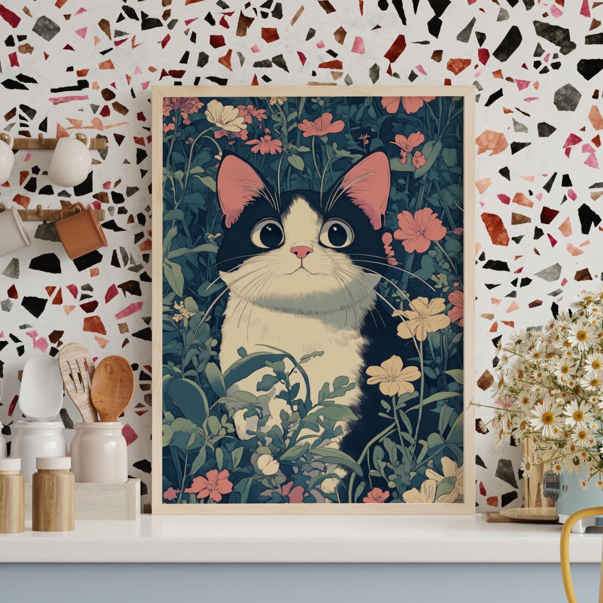 Whimsical Cat Nature Poster, Cute Cat Art Print, Floral Wall Decor, Cat Lover Gift, Home Decor