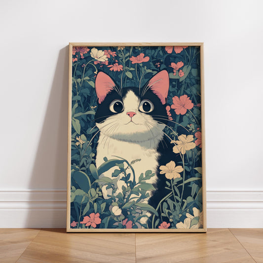 Whimsical Cat Nature Poster, Cute Cat Art Print, Floral Wall Decor, Cat Lover Gift, Home Decor