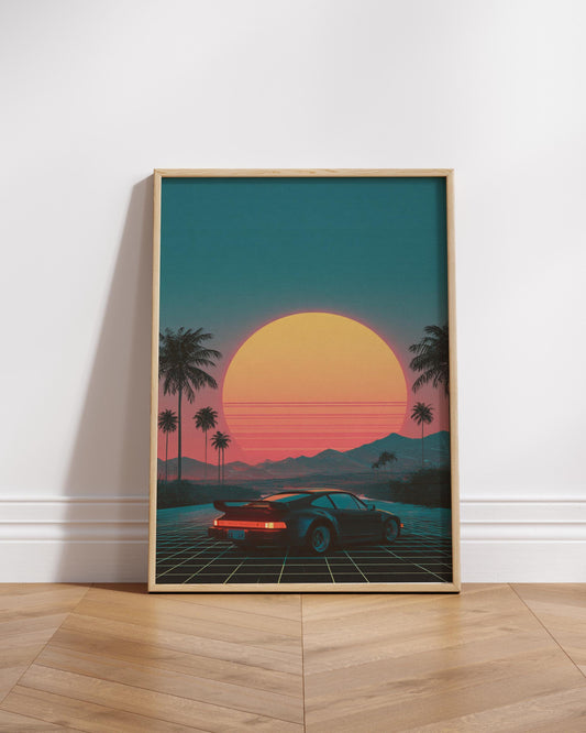 Retro Sunset 8-Bit Car Poster, Wall Art for Home Decor, Vintage Aesthetic, Gifts for Car Lovers, 80s Vibe Art Print