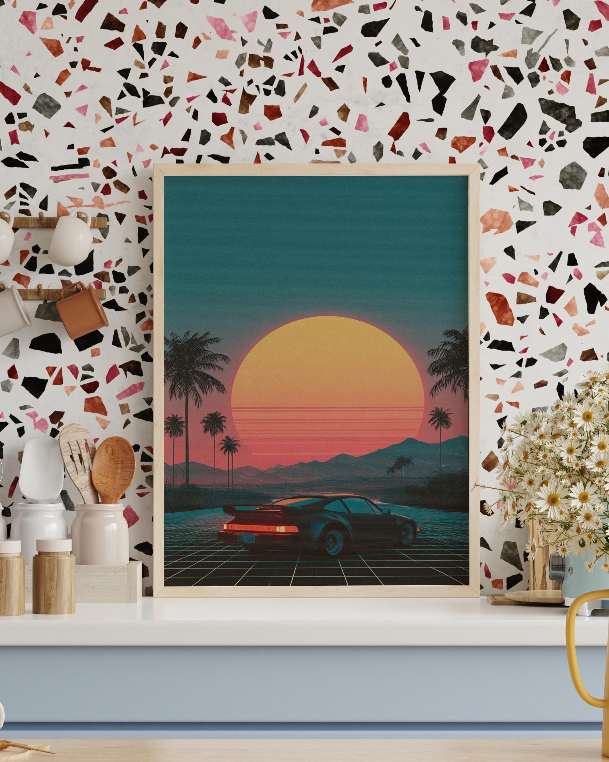 Retro Sunset 8-Bit Car Poster, Wall Art for Home Decor, Vintage Aesthetic, Gifts for Car Lovers, 80s Vibe Art Print