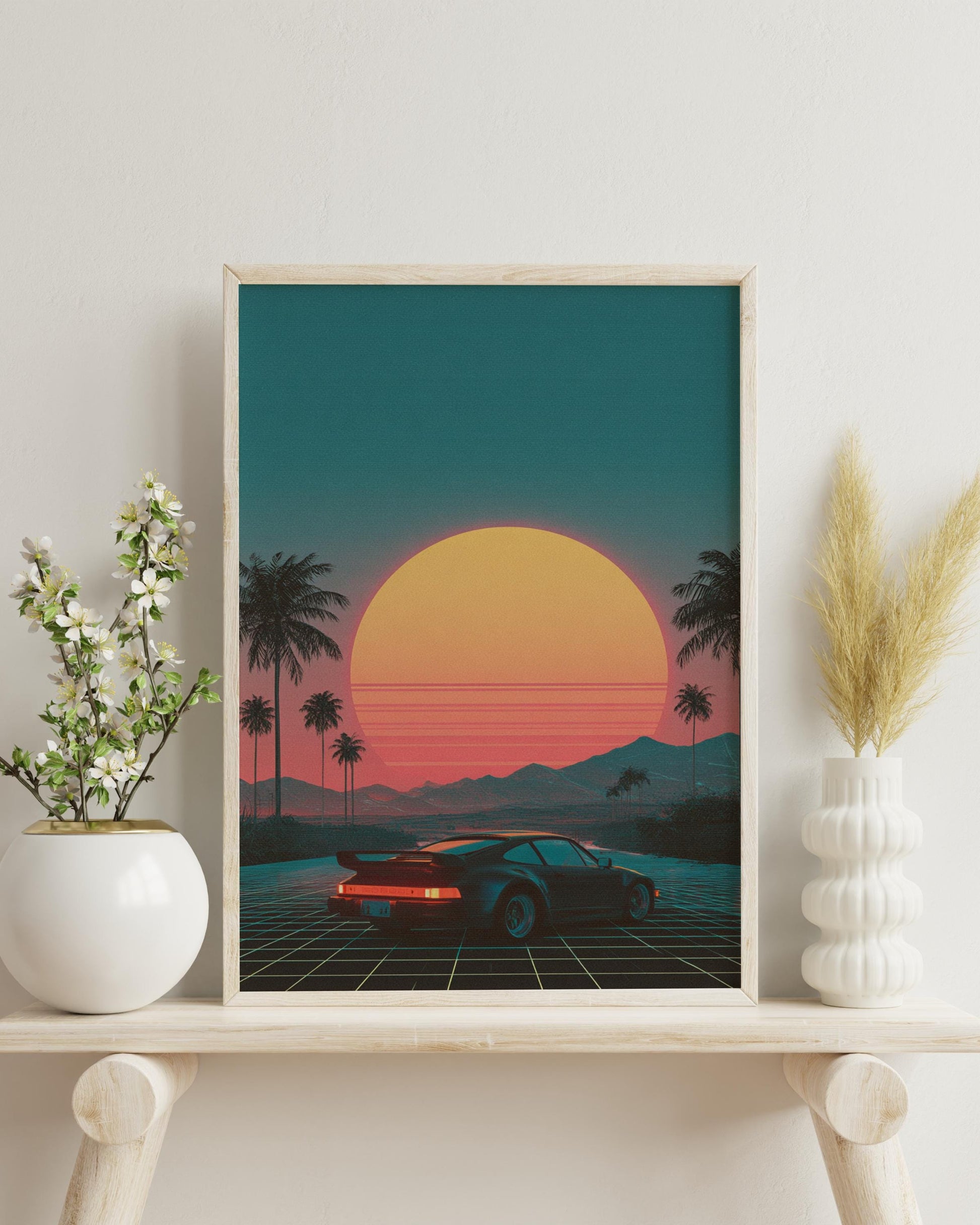 Retro Sunset 8-Bit Car Poster, Wall Art for Home Decor, Vintage Aesthetic, Gifts for Car Lovers, 80s Vibe Art Print