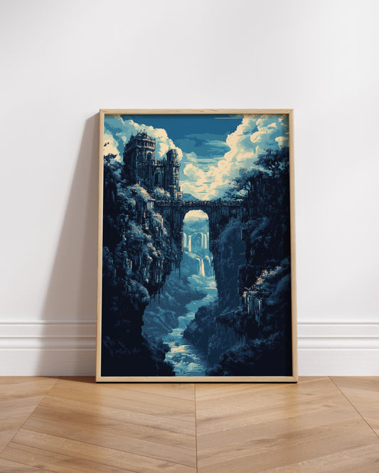 8-Bit Fantasy Bridge Castle Poster | Pixel Art Waterfall Wall Print | Retro Game-Inspired Landscape Decor for Gamers & Dreamers