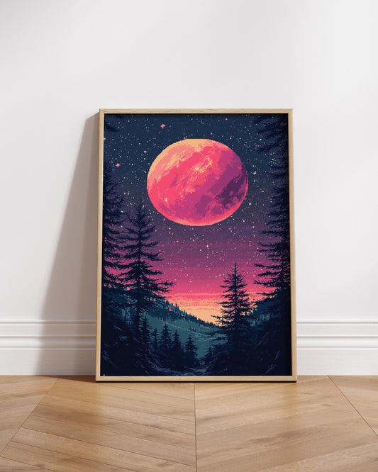 8-Bit Pink Moon Forest Poster | Retro Pixel Sky Landscape Wall Art | Vaporwave Nightscape Print for Gamers & Dreamers