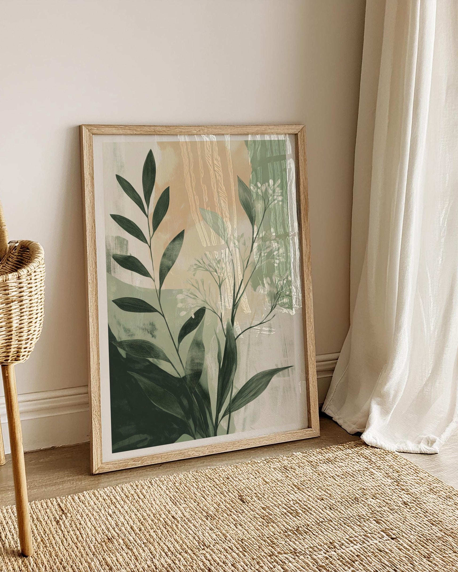 Modern Boho Botanical Wall Art | Minimalist Greenery Print | Neutral Plant Poster for Calm, Natural Home Decor