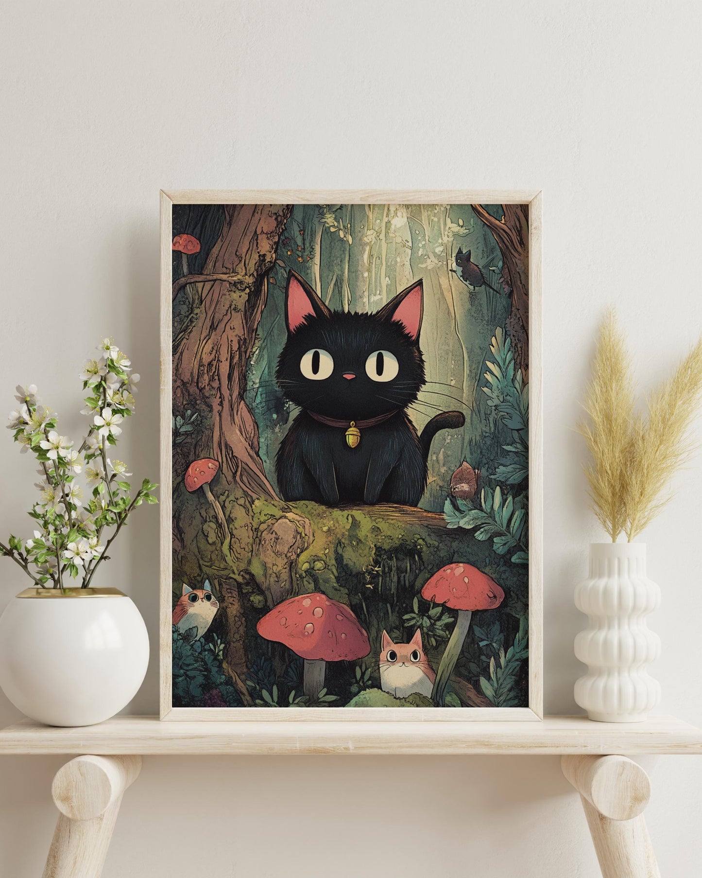 Whimsical Cat in Forest Poster – Studio Ghibli Inspired Animal Wall Art, Cute Black Cat Print, Cottagecore Mushroom Decor