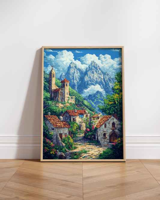 8-Bit Village Pixel Art Poster | Cozy Mountain Landscape Print | Retro Cottagecore Wall Decor | Rustic Countryside Pixel Art