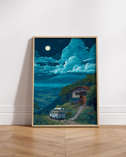 8-Bit Pixel Art Moonlit Cabin Poster | Retro Cottage Van Print | Cozy Night Landscape Wall Art | Aesthetic Gamer Room Decor