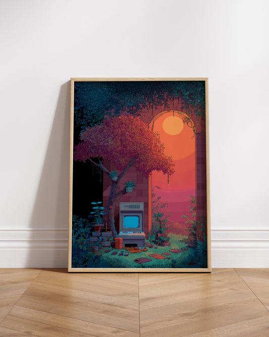 Retro Sunset Wall Art Poster, Vintage Aesthetic Decor, Nature Print, Home Office Art, Gifts for Gamers, Nostalgic Decor