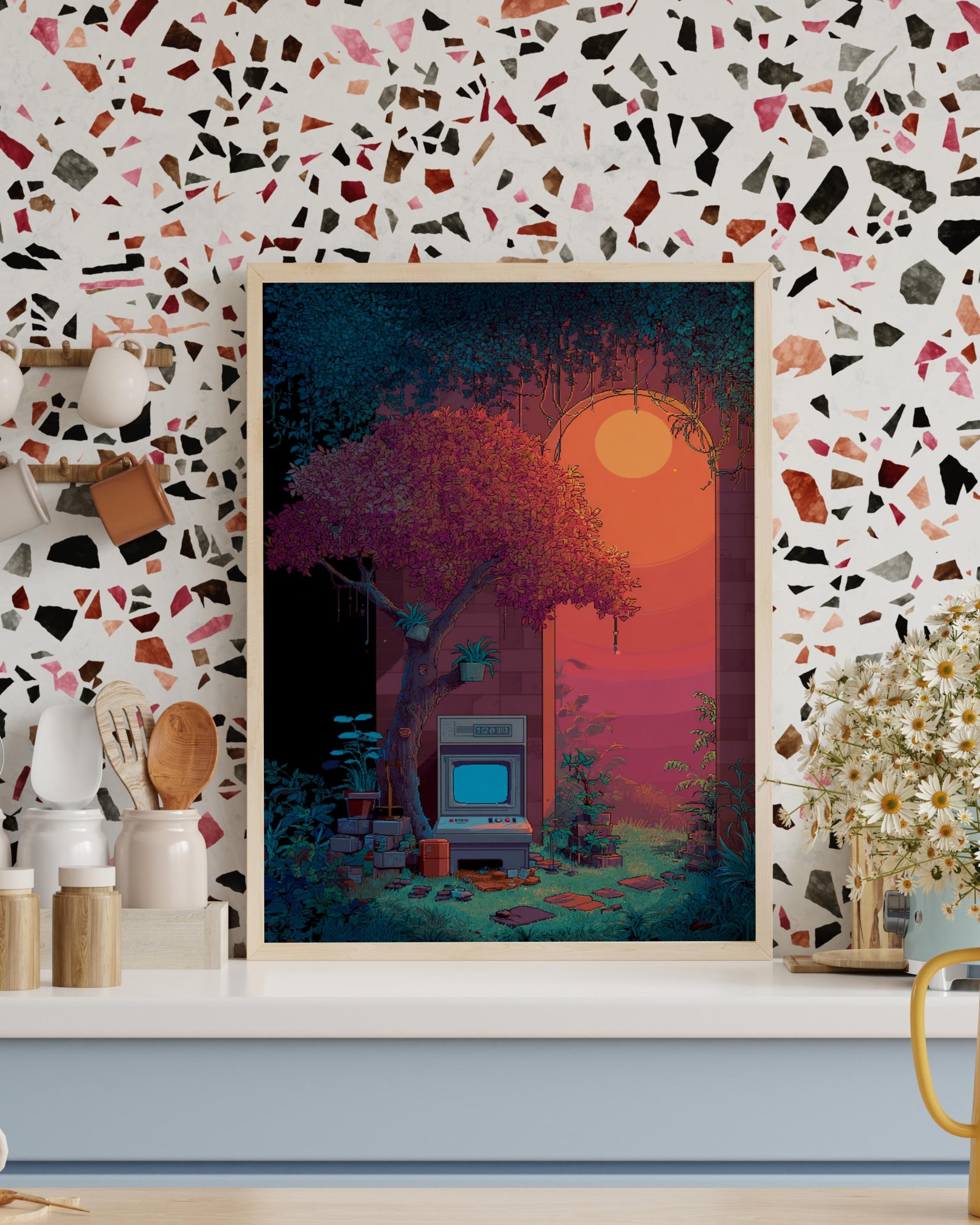 Retro Sunset Wall Art Poster, Vintage Aesthetic Decor, Nature Print, Home Office Art, Gifts for Gamers, Nostalgic Decor